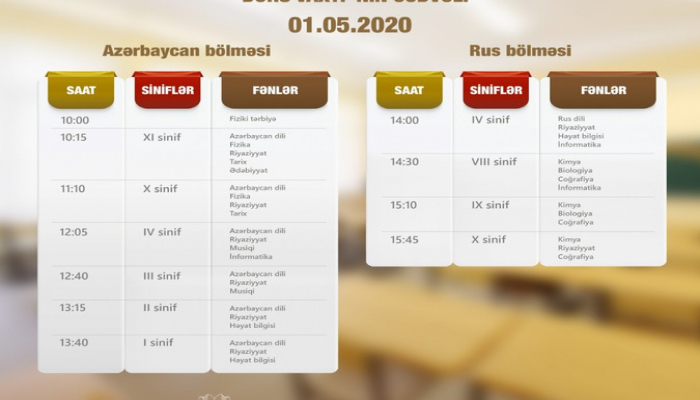 Teledərslərin mayın 1-nə olan cədvəli