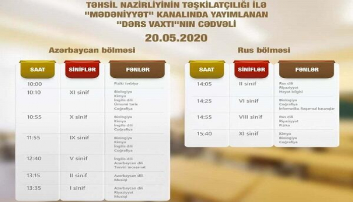 Teledərslərin sabaha olan cədvəli açıqlandı