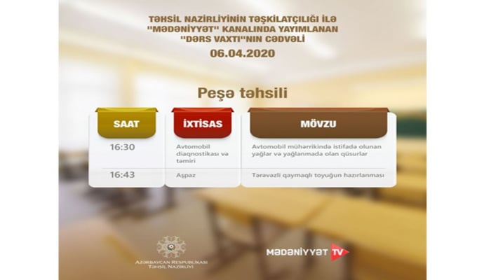 Peşə təhsili üzrə teledərsin CƏDVƏLİ açıqlanıb