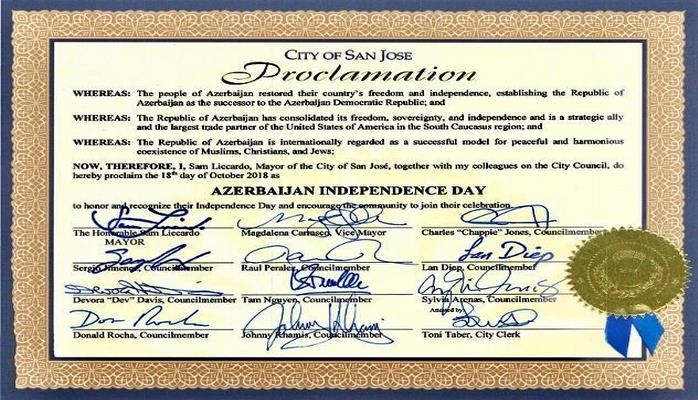 В калифорнийском Сан-Хосе 18 октября объявлено "Днем независимости Азербайджана"