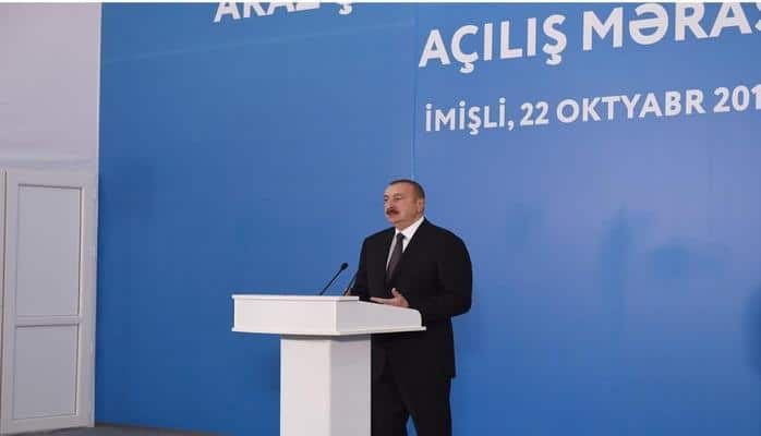 Президент Ильхам Алиев принял участие в церемонии открытия нового рукава реки Араз в Имишлинском районе