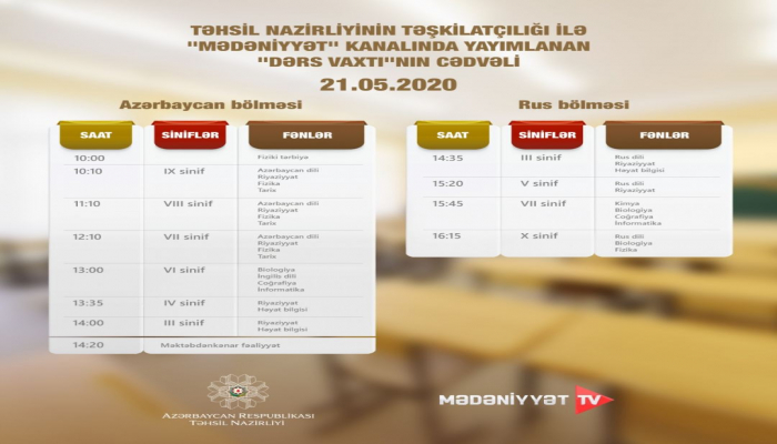 В Азербайджане обнародовано расписание школьных телеуроков на 4 июня