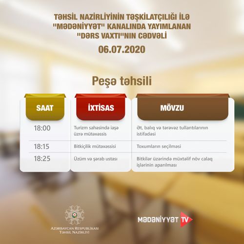 Peşə təhsili ilə bağlı “Dərs vaxtı”nın iyulun 6-na olan cədvəli açıqlanıb